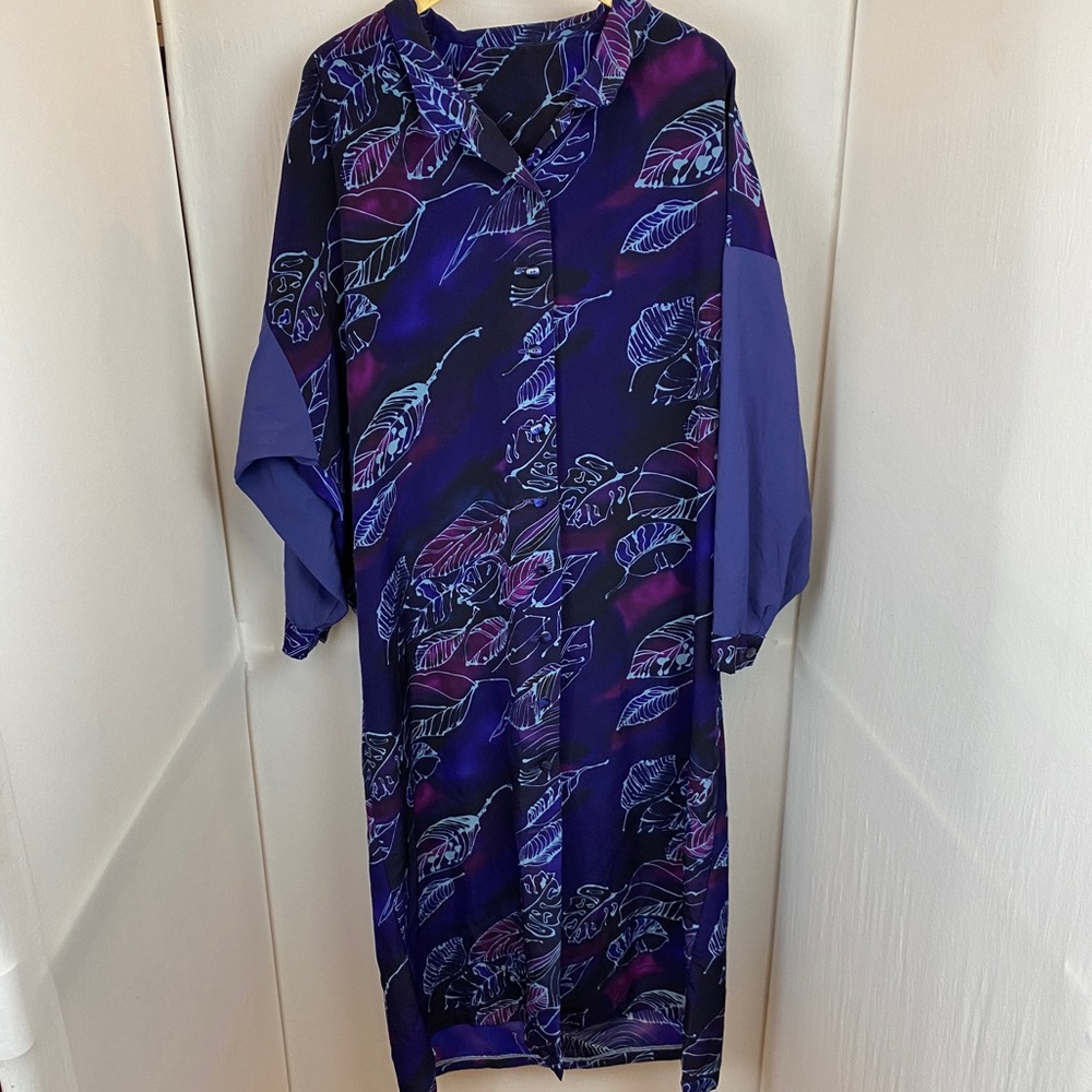Blue and Purple Tropical Leaf Pattern Modest Long Sleeve Button Down Dress